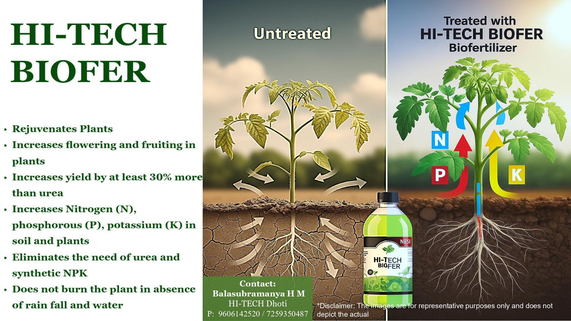 HI-TECH Biofer bottle with untreated vs Biofer-treated plant diagram showing superior N-P-K uptake and root development