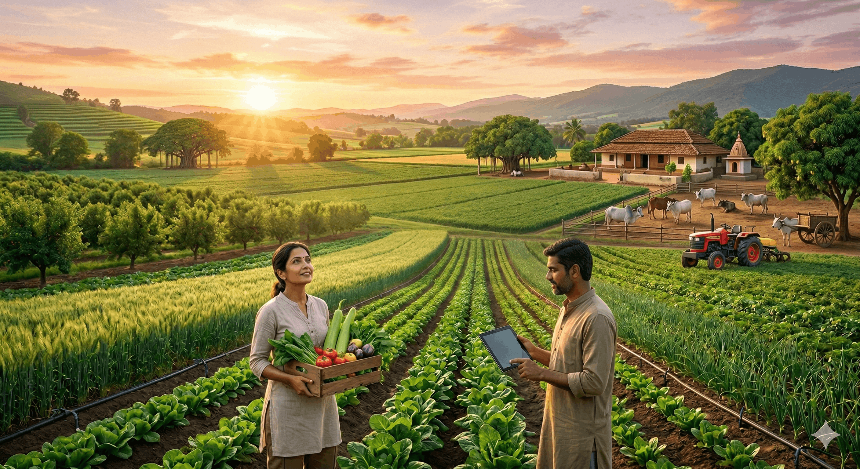 Indian farmers in lush green drip-irrigated fields at golden sunset — HI-TECH Dhoti Natural Agri Products